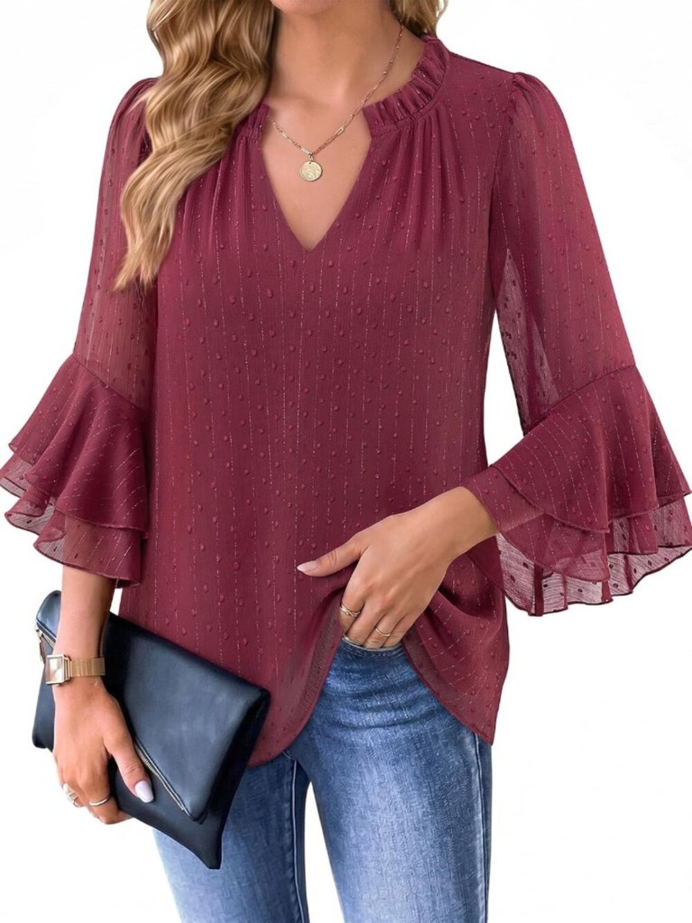 Chic 3/4 Sleeve Chiffon Blouse with Ruffle Neck - Dressy Tops for Women